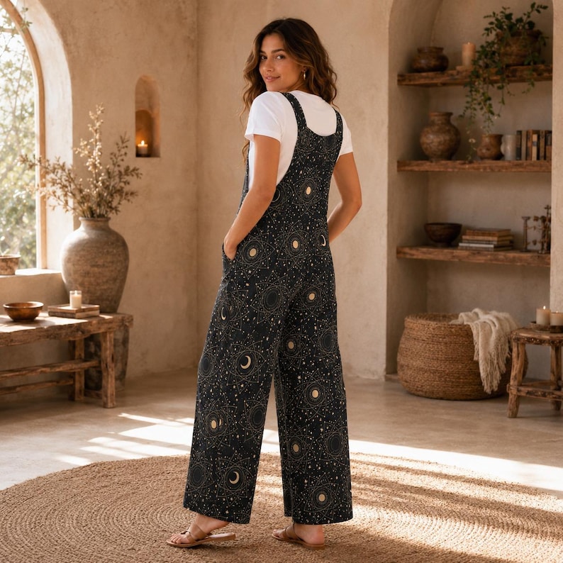 Celestial Moon Sun Wide Leg Jumpsuit, Boho Astrology Print Dungarees, Festival Travel Outfit image 6