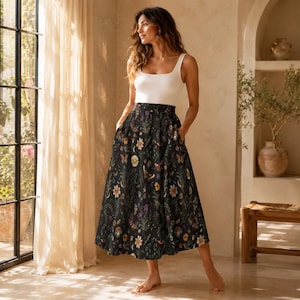 Dark Botanical Mushroom Midi Skirt, Cottagecore Floral Print, High Waist Pockets
