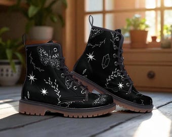 Celestial butterfly boots, black lace up shoes, witchy festival footwear