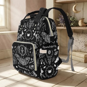 Black Witchy Diaper Bag Backpack, Gothic Moth and Bone Print Baby Bag, Spooky Cute Mom Organizer