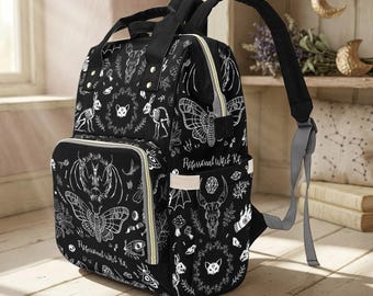 Black Witchy Diaper Bag Backpack, Gothic Moth and Bone Print Baby Bag, Spooky Cute Mom Organizer