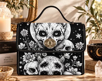 Gothic Skull Purse, Celestial Witch Satchel, Black White Top Handle Handbag
