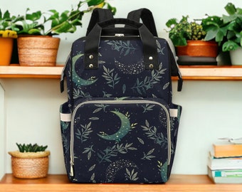 Witchy Cottagecore Forest wreath Moon Mommy Bag, Boho witchy Wiccan Waterproof Diaper Bag, Aesthetic New Mom Backpack, postpartum gift