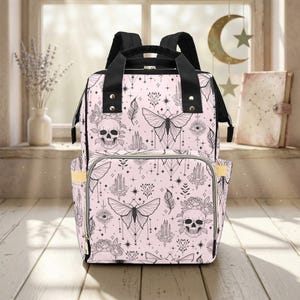 Goth Diaper Bag Backpack, Pink Moth Skull Print Baby Travel Bag, Witchy Mom Gift image 4