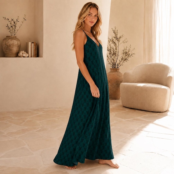 green skull dress Emerald Print Maxi Dress, Flowy V-Neck Cami Sundress hallowen