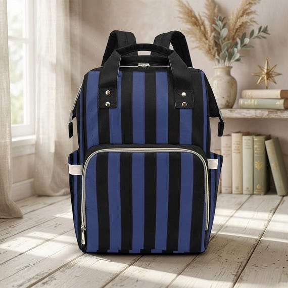 Blue Stripe Diaper Backpack, Baby Travel Bag, Modern Mom Backpack, Nursery Organizer