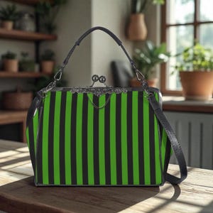 Green Stripe Kisslock Bag, Witchy Statement Purse, Alt Print Handbag