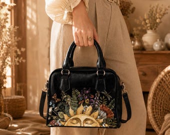 Bolso Celestial Sun, bolso floral de estilo místico con estampado de cara de sol, bolso de hombro botánico oscuro, regalo para ella.