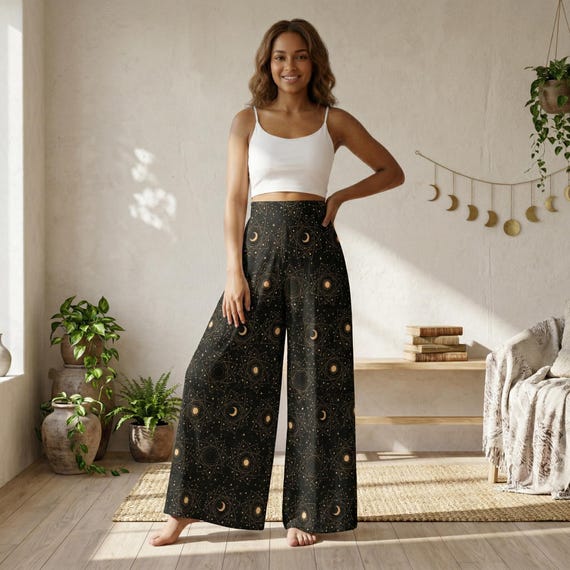 Moon Phase Palazzo Pants, Celestial Wide Leg Trousers for Astrology Outfit Lovers