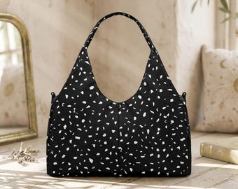 Bolso hobo negro de terrazo, bolso de hombro minimalista holgado, bolso de mano moderno de lona