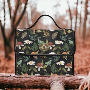 Forest witch shoulder bag, goblincore moth canvas purse, mushroom daisy crossbody satchel, alt nature witchcore aesthetic gift idea