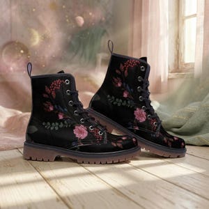 Dark Floral Combat Boots, Gothic Lace-Up Punk Ankle Footwear