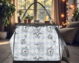 Storybook Cat Print Kiss Lock Satchel Bag, Blue Harlequin Whimsical Purse