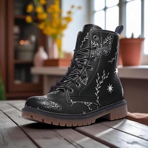 Celestial butterfly boots, black lace up shoes, witchy festival footwear