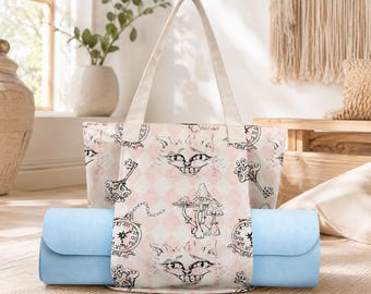 Whimsical Cat Harlequin Canvas Tote Bag, Storybook Keys Mushrooms Print
