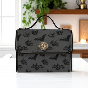 Gothic bat shoulder bag, spooky noir canvas purse, alt vampire aesthetic crossbody satchel, minimalist halloween witchy gift idea