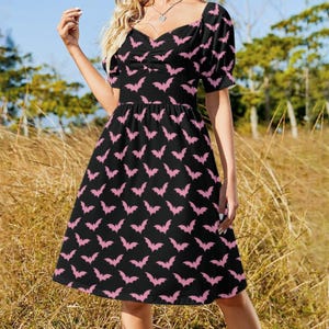 Pink Bat Print Midi Dress, Puff Sleeve Sweetheart Neckline, Pastel Halloween Party Outfit image 8