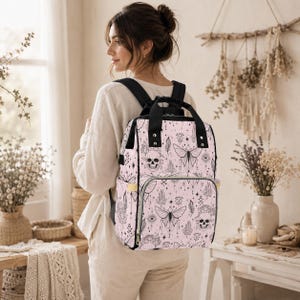 Goth Diaper Bag Backpack, Pink Moth Skull Print Baby Travel Bag, Witchy Mom Gift image 3