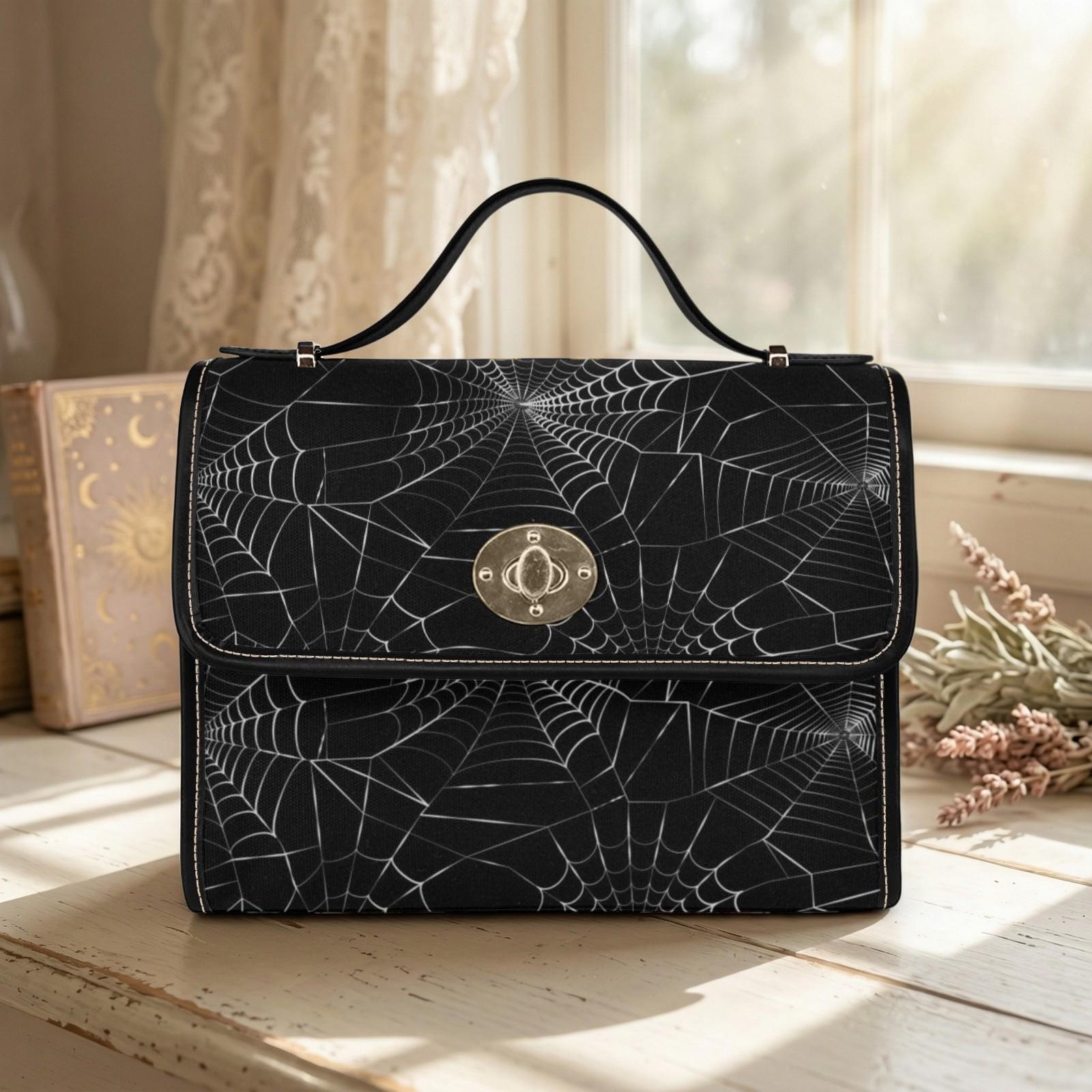 Spiderweb Canvas Satchel Vegan Leather Goth Crossbody Bag