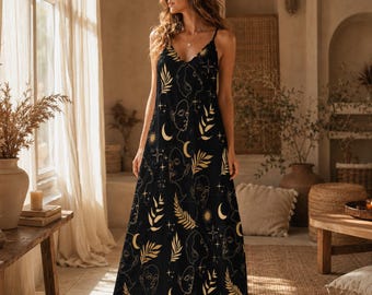 Celestial Tarot Maxi Dress, Dark Cottagecore Boho Fairy Grunge Whimsigoth Style