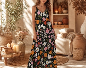 Vestido largo negro con estampado floral, vestido de verano estilo bohemio para mujer, conjunto ideal para vacaciones de verano con estilo cottagecore.