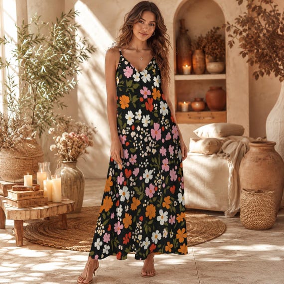 womens summer boho dresses Black Floral Maxi Dress, Sundress for Women, Cottagecore Vacation Outfit Mother of the Bride designer caftans while the ankle Color:Fawn