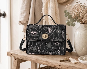 Goth Butterfly Satchel Bag, Celestial Skull Crossbody Purse, Witchy Top Handle Handbag