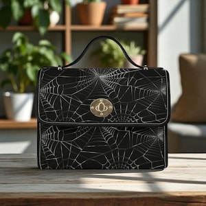 Web print black satchel, spider design crossbody purse, Halloween shoulder handbag, occult inspired everyday bag, dark academia accessory
