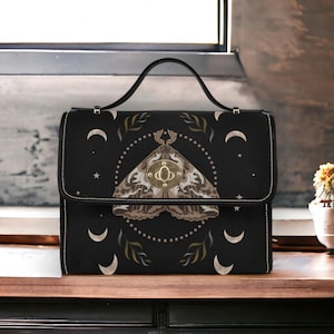 Lunar witch moon phase bag, celestial moth canvas purse, gothic mystic shoulder satchel, alt girl spiritual crossbody gift idea