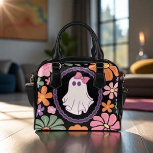 Retro Floral Ghost Bag, Pastel Halloween Satchel, Cute Witchy Purse, Spooky Vintage Handbag, Kawaii Bow Ghost Tote, Haunted Shoulder Bag