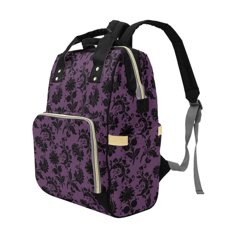 Mochila cambiador con estampado damasco morado, bolso de viaje estilo bruja gótica para mamás. imagen 7
