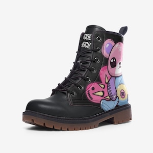 Goth Teddy Kawaii Black Leather Unisex Boots, Vegan Leather, Combat Boots, Classic Boot, Lace Up Boots, Girl Boots, Ankle Girl Boots