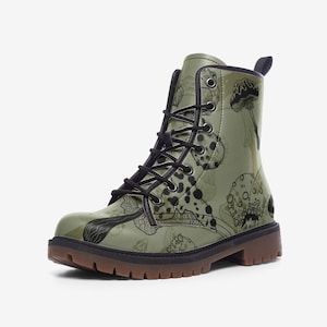 Goblincore Boots, Woodland Mushrooms Combat Boot, Vegan Combat Boots, Witchcore Festival Club Boot, Faecore Mushroom Butterly Print Boots,