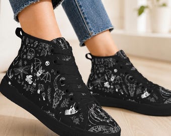 Witchy High Top Sneakers, Black Canvas Shoes with Skull Moth Mushroom Print