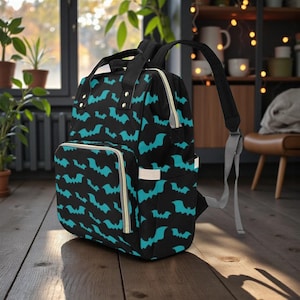 Mochila para pañales con diseño de murciélago verde azulado, bolso gótico para bebé con estampado de murciélago de Halloween, bolso infantil con estética oscura y espeluznante.