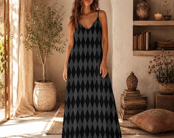 Harlequin Maxi Dress, Gothic Black Checker Slip, Edgy Summer Cami Outfit