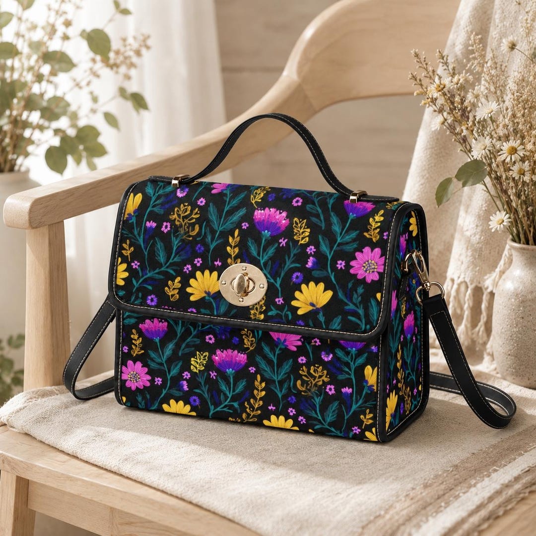 Dark Floral Crossbody Bag, Pink and Yellow Wildflower Satchel