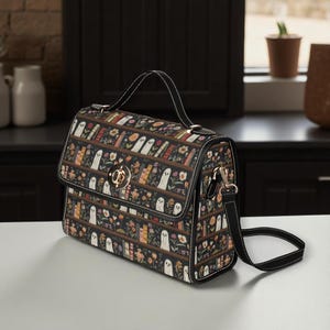 Ghost Library Print Purse, Witchcore Book Bag with Ghosts, Dark Academia Shoulder Bag, Halloween Satchel for Spooky Girls, Goth Gift Idea