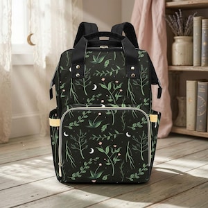 Crescent Moon Diaper Bag: Forest Green Botanical Print, Insulated Bottle Pockets (Nylon) image 1