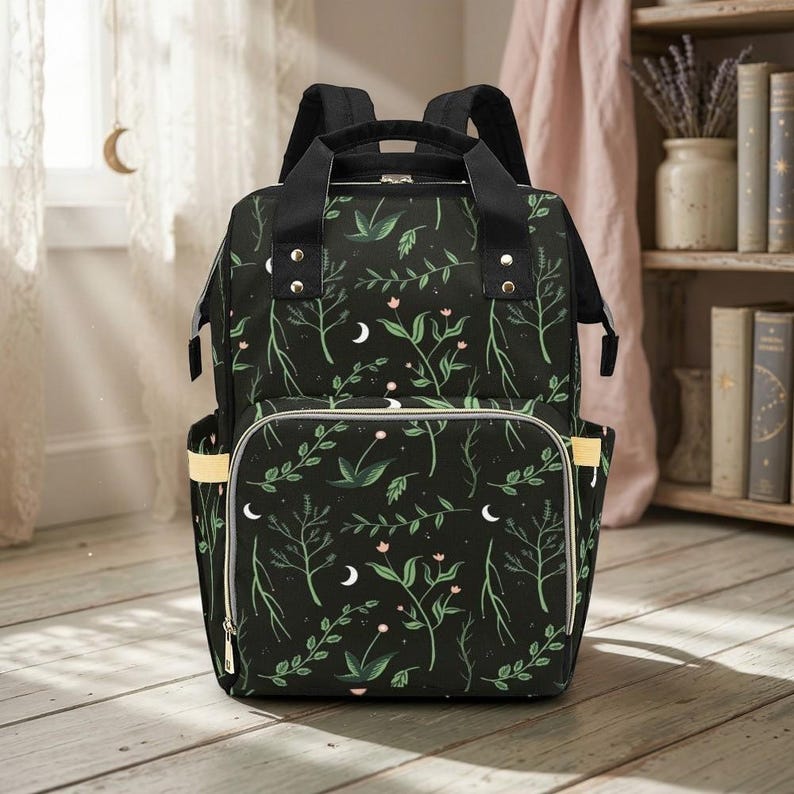 Crescent Moon Diaper Bag: Forest Green Botanical Print, Insulated Bottle Pockets (Nylon) image 1