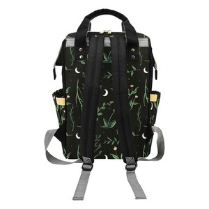 Crescent Moon Diaper Bag: Forest Green Botanical Print, Insulated Bottle Pockets (Nylon) image 7