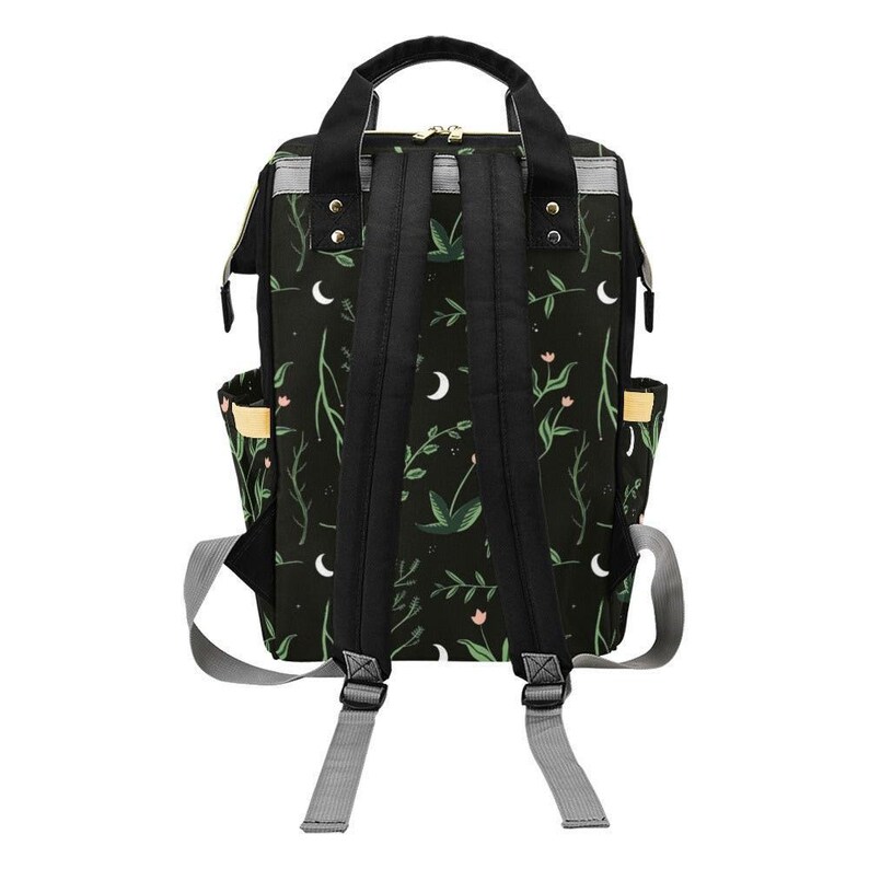 Crescent Moon Diaper Bag: Forest Green Botanical Print, Insulated Bottle Pockets (Nylon) image 7
