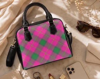 Pink green plaid satchel bag, pastel punk crossbody purse, kawaii grunge handbag for women