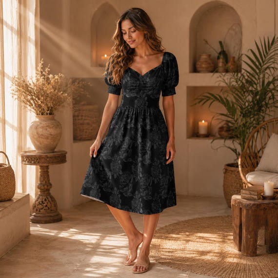 Gothic Floral Sundress, Black Rose Puff Sleeve, Romantic Cottage Witch Dress,  Alt Fairycore Floral Fashion, Witchy Gothic Picnic Style - Etsy