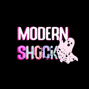 the text "MODERN SHOCK" in a stylized font, with the word "MODERN" in pink and "SHOCK" in a pink and purple color scheme. The text is set against a black background, creating a striking contrast.