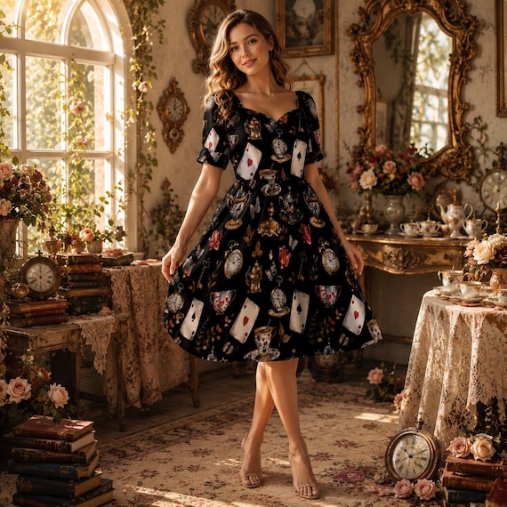 brunch party dress Storybook Tea Dress, Playing Card Clock Print, Sweetheart Puff Sleeve Outfit Sizing True to size Has video Amarra 54230 Long Sweet Size:Small (Fits size US 4-6/UK 8-10)