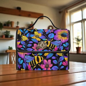 Bee Garden Purse, Floral Bee Print Bag, Colorful Insect Tote for Nature Lovers, Fairycore Bumblebee Handbag, Whimsical Spring Picnic Satchel