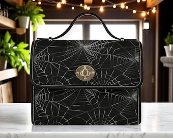 Spiderweb Gothic Purse, Canvas Satchel bag, Vegan Goth Bag, Halloween Costume Adult Cosplay, Cute Black Witch women cross body purse