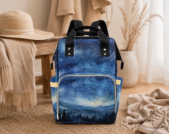 Mochila cambiador con diseño de montaña y cielo nocturno, bolso para bebé con estampado de bosque celestial, mochila de nailon para mamá.