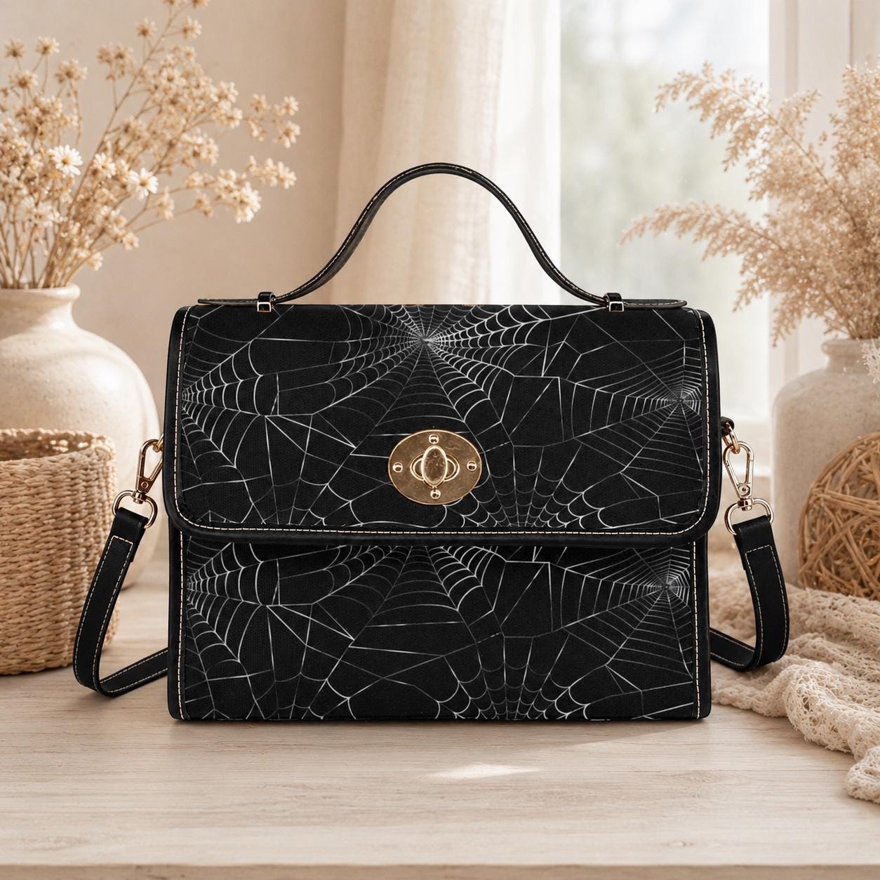 Spiderweb Canvas Satchel Vegan Leather Goth Crossbody Bag